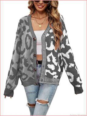 Color Block Leopard Print Button Down Long Sleeve Cardigan Sweater